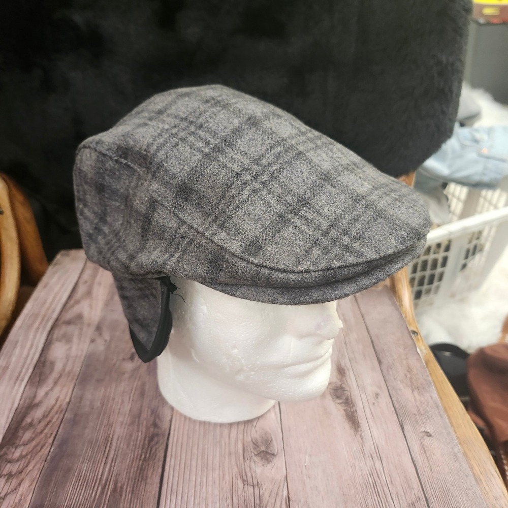 Stetson All American Grey Plaid Wool Blend Flat Cap Ear Flaps Large XL Newsboy